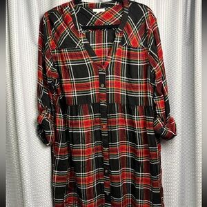 NWT Maurices Large Black and Plaid button Front Babydoll Shirtdress